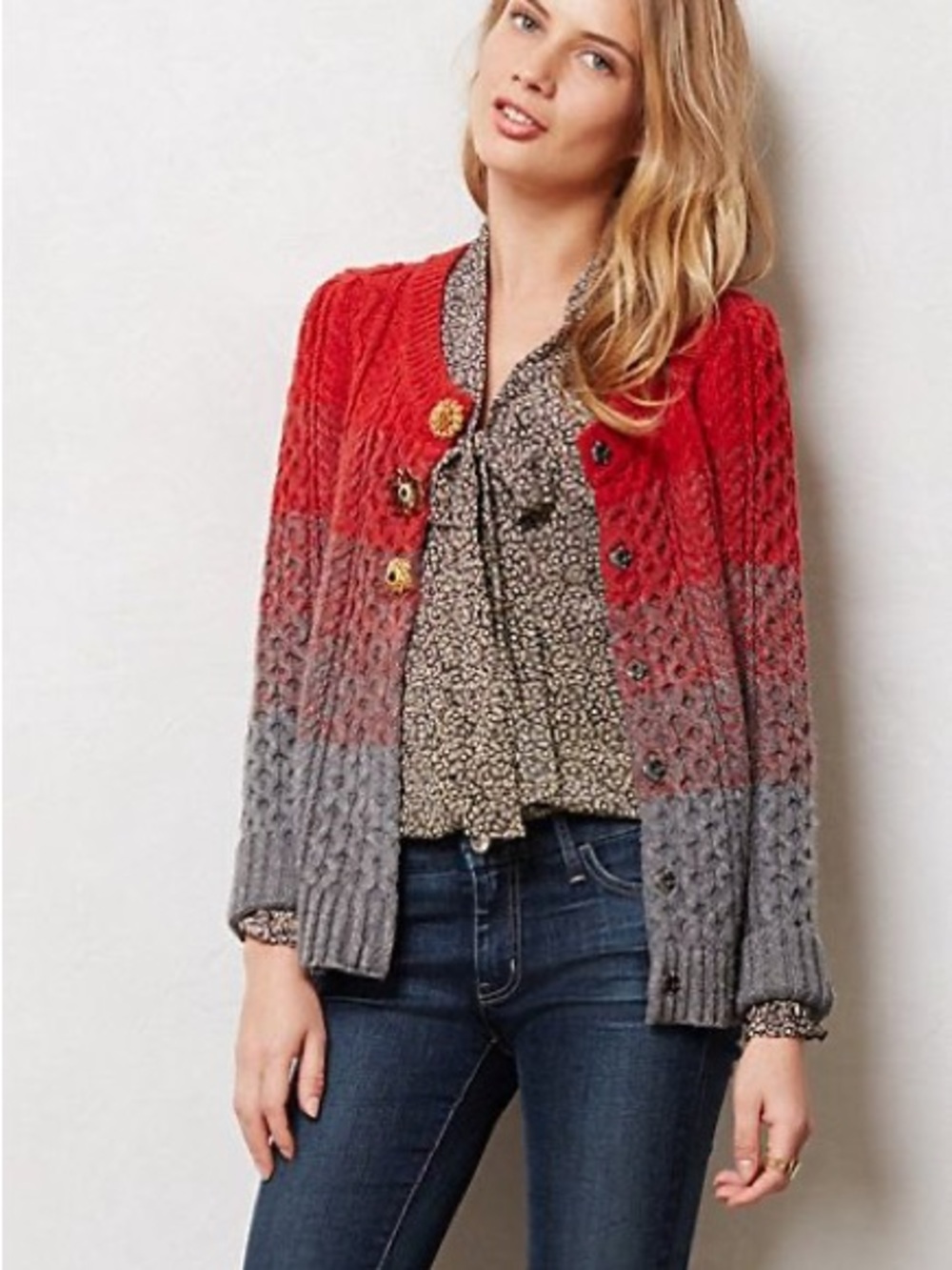 Anthropologie sleeping on snow Red to Gray Ombre Cable Knit Cardigan Sweater